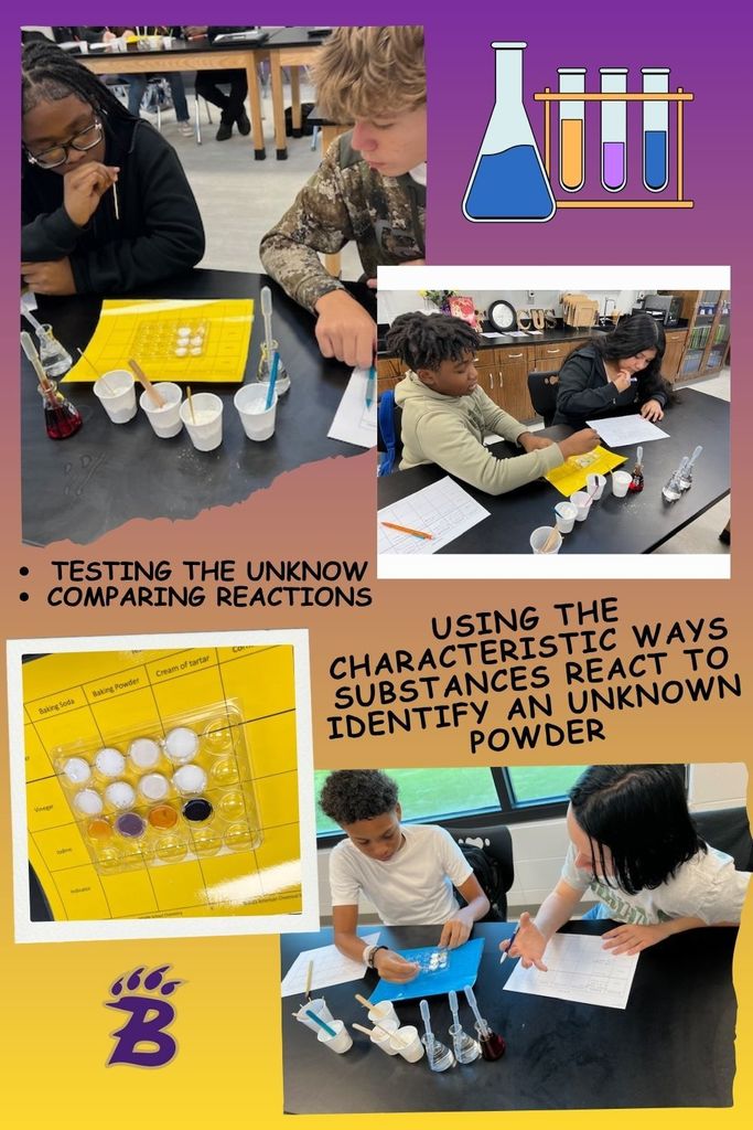 Students in Ms. Rambos class tested unknown materials, compared reactions and then identified based on the characteristic  ways and reactions