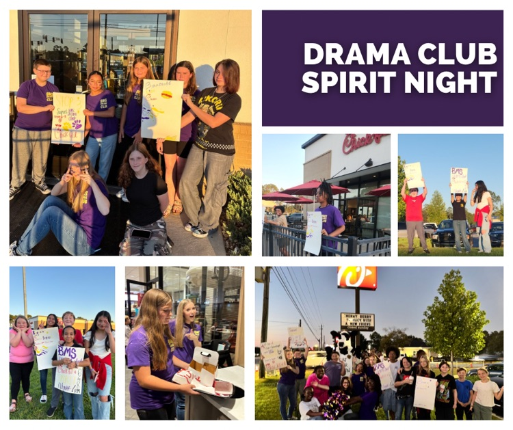 Text that reads “Drama Club Spirit Night” and a collage of pictures of students participating in the event at Chick-fil-A.