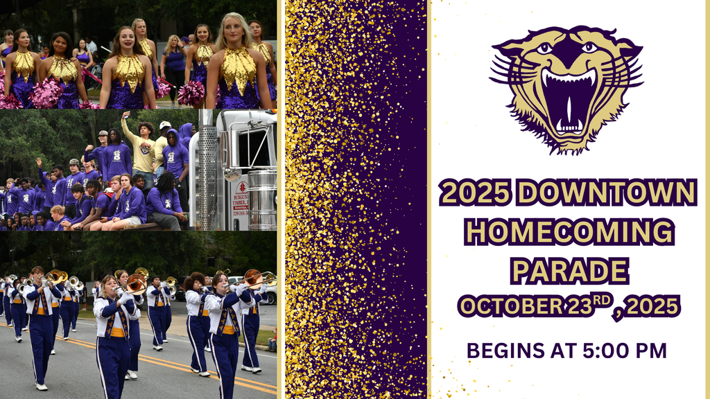 Bainbridge High School band, cheerleaders, and students featured in a graphic announcing the 2025 Downtown Homecoming Parade on October 23 at 5:00 p.m.