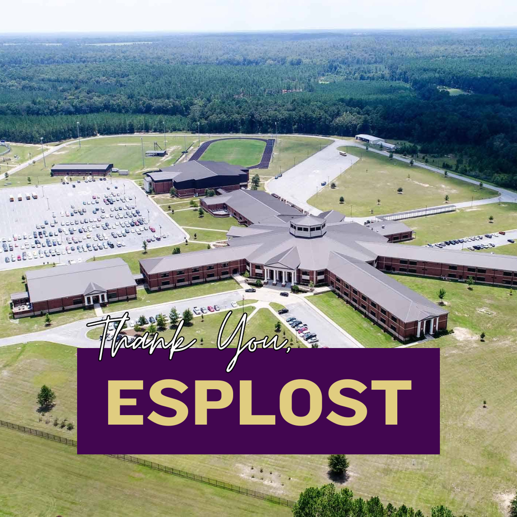 Aerial view of Bainbridge High School surrounded by parking lots, athletic fields, and greenery, with overlaid text reading “Thank You, ESPLOST.”