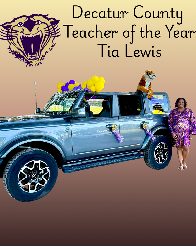 This image contains a picture of the a bronco with the teacher of the year, Tia Lewis.