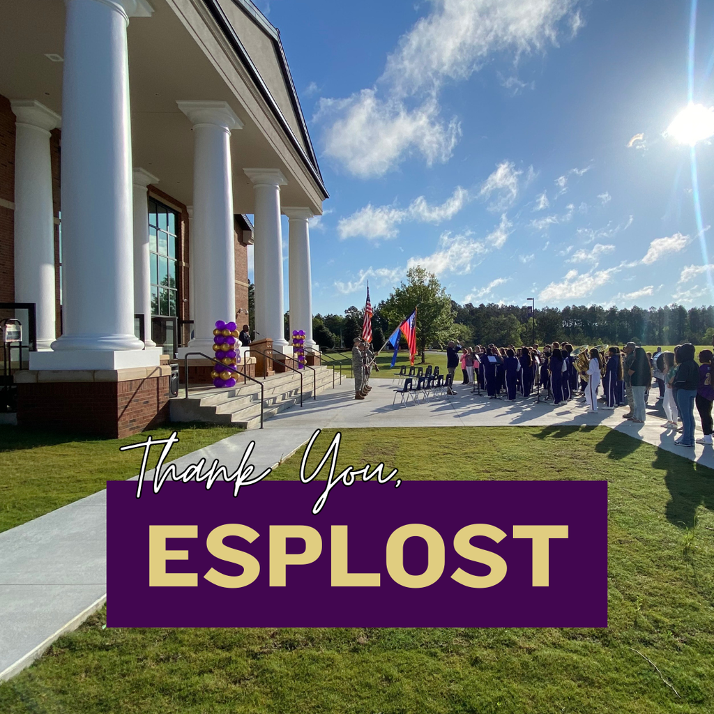 A crowd gathers outside a large brick building with tall white columns for a ceremony, with American and state flags displayed and “Thank You, ESPLOST” written across the image in purple and gold.