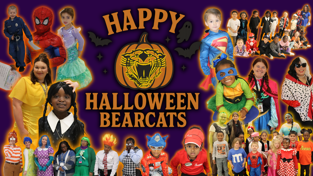 A festive collage featuring students and staff from Decatur County Schools dressed in colorful Halloween costumes, including superheroes, princesses, cartoon characters, and themed group outfits. In the center, an orange pumpkin with the Bearcat logo and bold text reads “Happy Halloween Bearcats” against a dark purple background with bats and ghosts.
