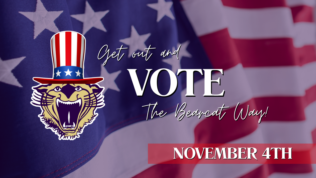 Graphic with an American flag background and a bearcat mascot wearing a red, white, and blue Uncle Sam hat. Text reads: ‘Get out and VOTE the Bearcat Way! November 4t