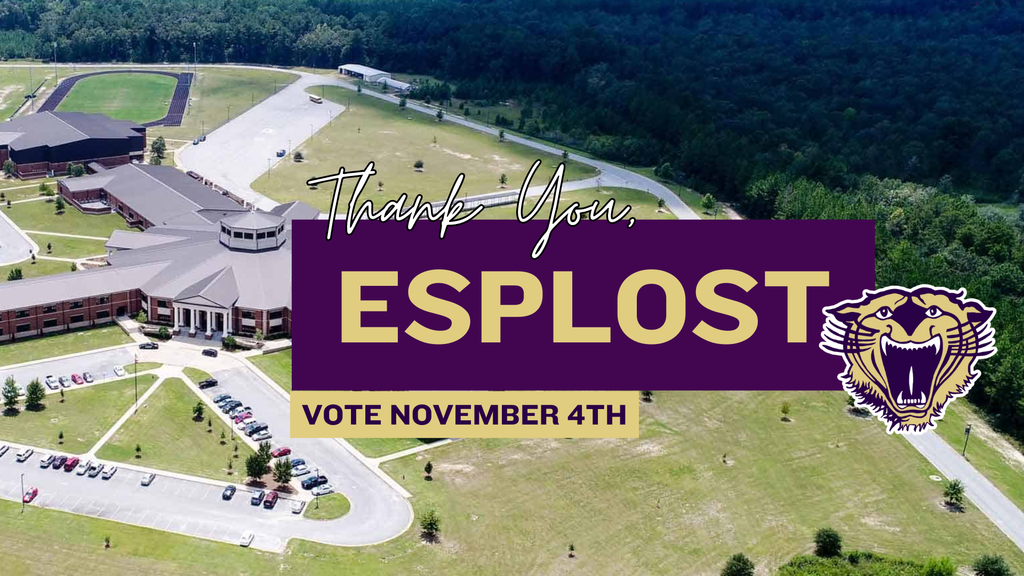 Aerial view of Bainbridge High School with text overlay reading “Thank You, ESPLOST – Vote November 4th” and a Bearcat logo on a purple and gold banner.