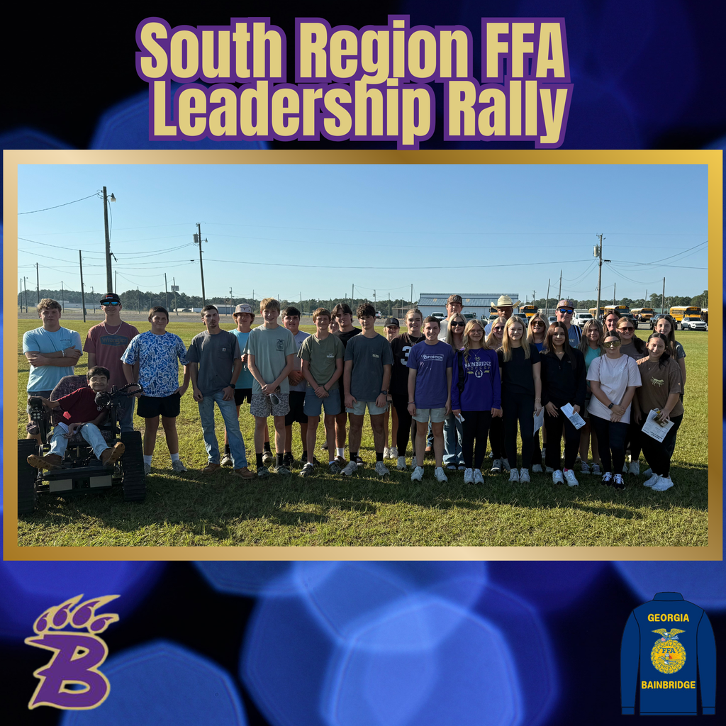 Bainbridge FFA Members at the South Region FFA Leadership Rally in Moultrie, Ga. Member from L to R- Back Row: Matthew Lambert, Gavin Hughes, Gunner Powell, Riley Brown, Sadie Fewell, Chase Moore, Riley Hawkins, Kevin Ray, Samantha Rudd. Middle Row L to R: Mason Bright, Jacob Searan, Tucker Surratt, Gavyn Smith, Logan McConnell, Rylan Godwin, Hunter Hall, Maddie Chapman, Whitney Owens, Brynlee Martin, Annlee Boyett, Dixie Lambert, Addy Lovering. Front Row L to R: Joel Granados, Preston Lynn, Alyssa Johnson, Lana Harvell, Allison Rodriguez, Saylor Alday and Angelina Bautistia