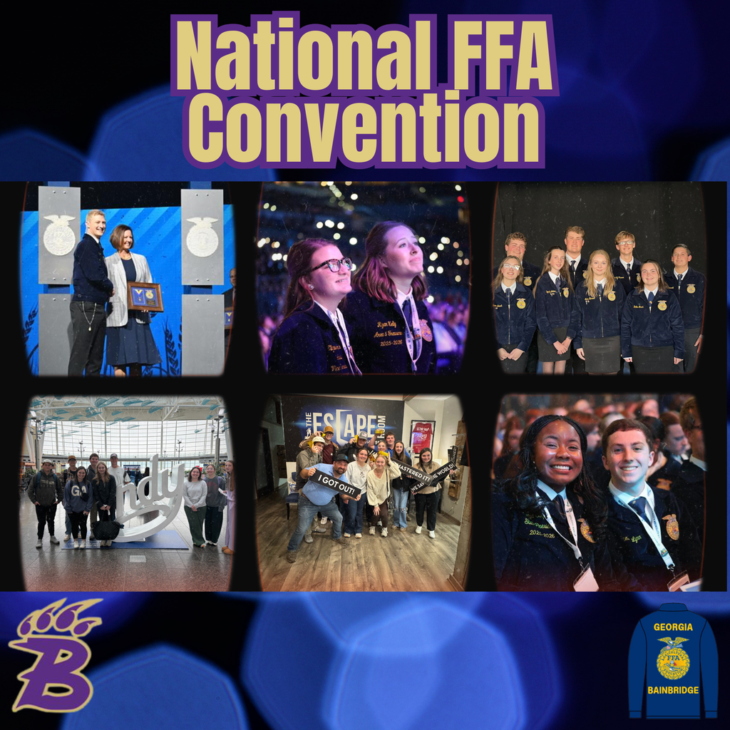 Bainbridge FFA Members attended the National FFA Convention in Indianapolis, Indiana. Pictured L to R: Dr. Champagne recieving her Honorary American FFA Degree, Elizabeth Adams and Ryan Kelly as FFA Voting Delegates, Kevin Ray, Chase Moore, Camden Wilemon, Tucker Surratt, Jacee Brock, Hayleigh Johns, Lana Harvell and Bailee Brock. Bottom right- ReMaya Stephens and Preston Lynn as voting delegates for Georgia.