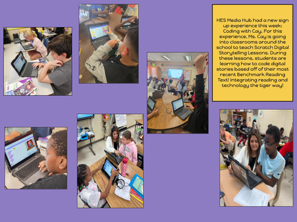 This image contains pictures of students coding on scratch with their digital storytelling lesson.