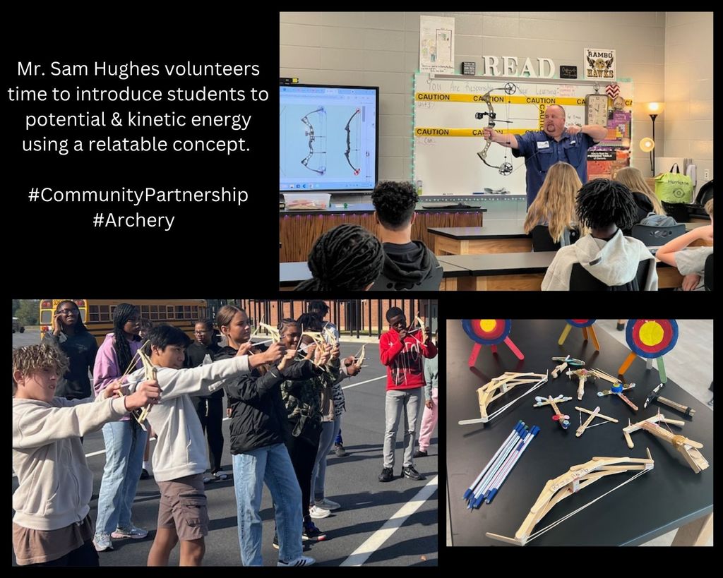 Thanks to Sam Hughes of Decatur County Sheriff's Department and Decatur County 4-H for visiting Ms. Rambo’s ELT class and for leading the bow-and-arrow STEM challenge. His clear lesson on potential and kinetic energy through shooting a bow gave our students a meaningful, hands-on way to connect science with real‑world activity. We are very grateful for your time. Your support means a great deal to our school and community. Students engaging in Potential and kinetic energy 