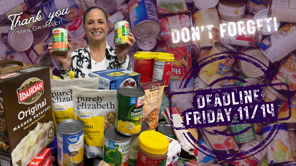 Photo collage showing a staff member standing behind a large collection of donated canned goods and non-perishable food items. Text on the image thanks the staff member for contributing and includes a reminder about the upcoming food drive deadline.