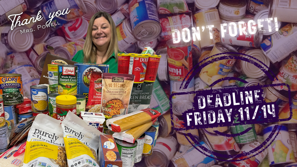 Photo collage showing a staff member standing behind a large collection of donated canned goods and non-perishable food items. Text on the image thanks the staff member for contributing and includes a reminder about the upcoming food drive deadline.