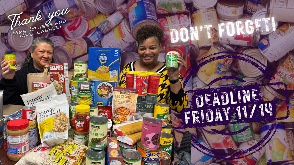 Photo collage showing a staff member standing behind a large collection of donated canned goods and non-perishable food items. Text on the image thanks the staff member for contributing and includes a reminder about the upcoming food drive deadline.