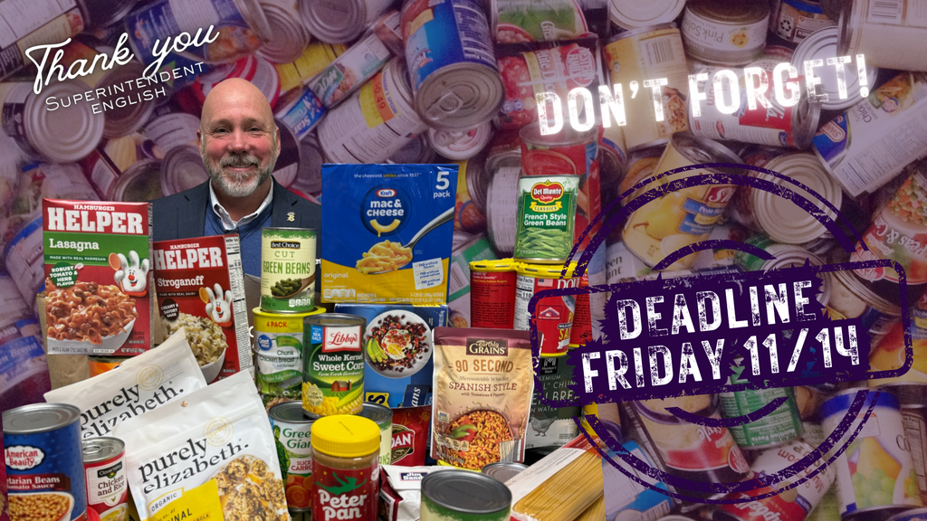 Photo collage showing a staff member standing behind a large collection of donated canned goods and non-perishable food items. Text on the image thanks the staff member for contributing and includes a reminder about the upcoming food drive deadline.