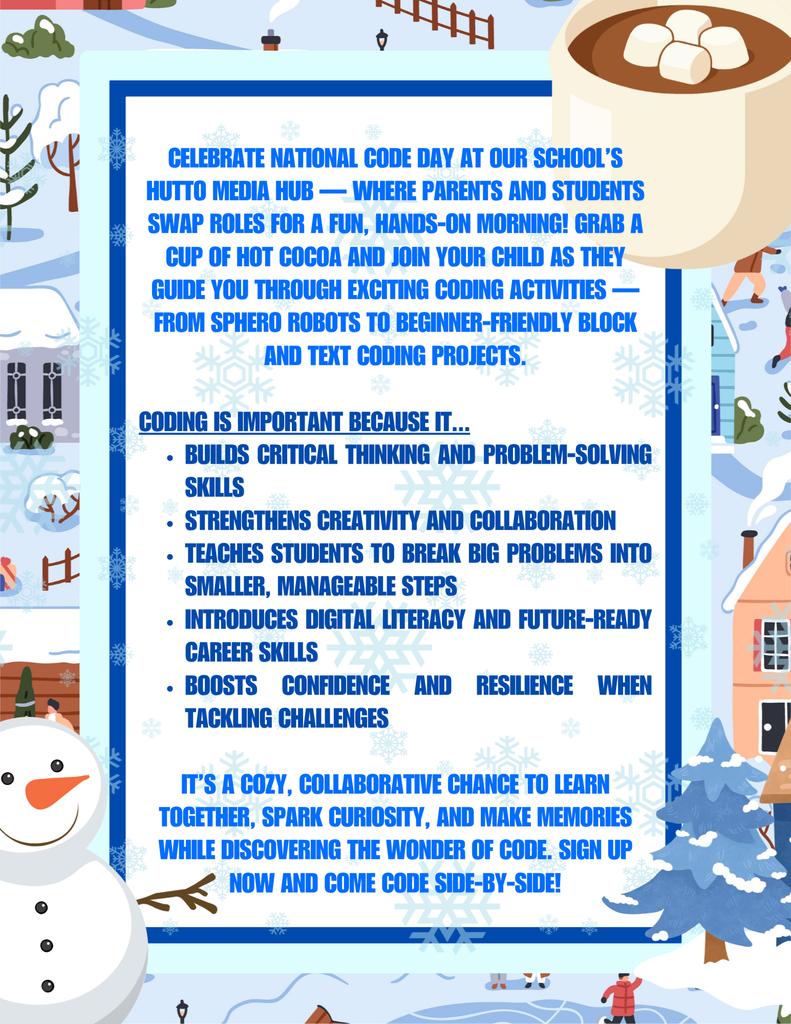This image contains a snowman theme with information about the Connecting and Coding Event.