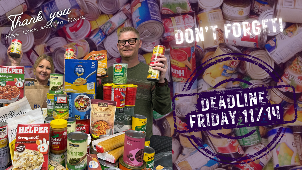 Photo collage showing a staff member standing behind a large collection of donated canned goods and non-perishable food items. Text on the image thanks the staff member for contributing and includes a reminder about the upcoming food drive deadline