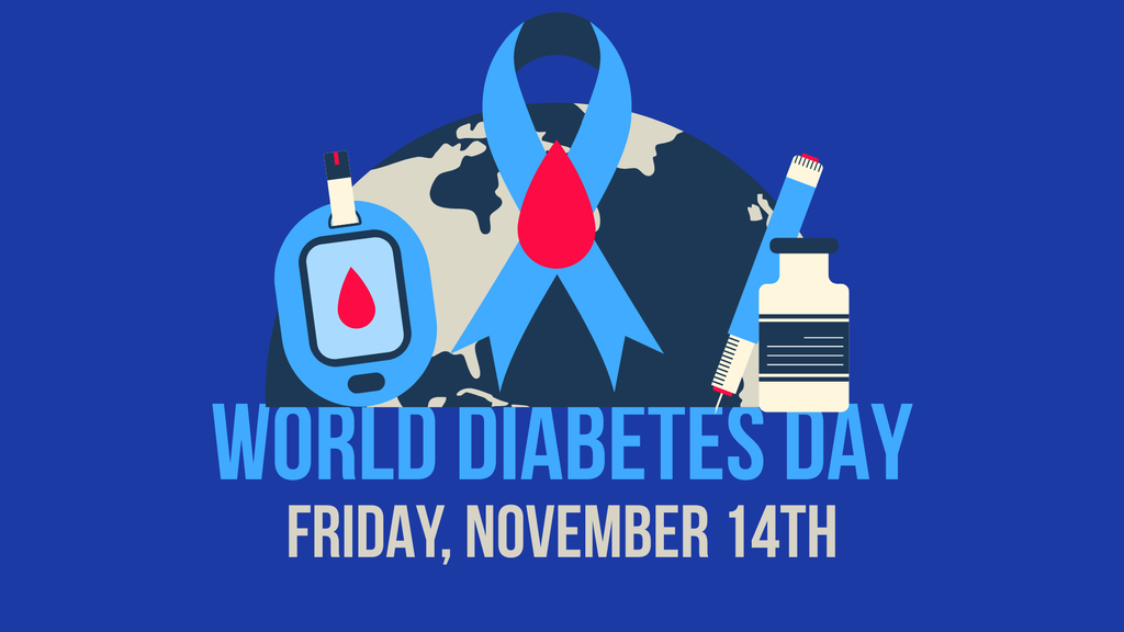 Graphic for World Diabetes Day featuring a blue ribbon with a red drop, a glucose meter, insulin vial, and test strip, with the date Friday, November 14th