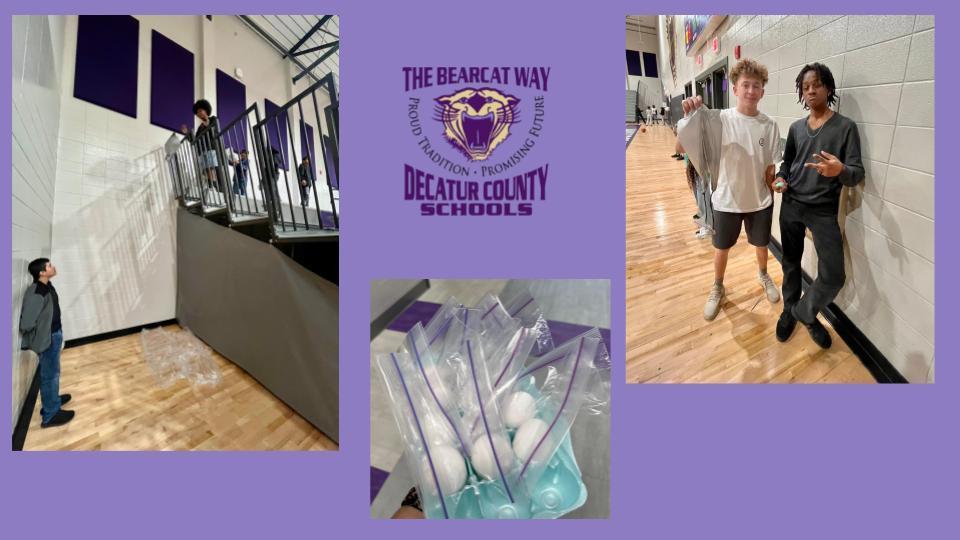 Students in Mrs. Hufstetler’s ELT class were challenged with using their knowledge of energy transfer to design and build devices to protect and accurately deliver dropped eggs. Their devices and contents represented care packages that had to be safely delivered to people in a disaster area with no road access.   