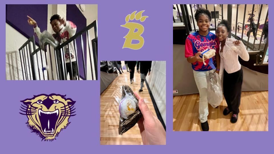 Students in Mrs. Hufstetler’s ELT class were challenged with using their knowledge of energy transfer to design and build devices to protect and accurately deliver dropped eggs. Their devices and contents represented care packages that had to be safely delivered to people in a disaster area with no road access.   