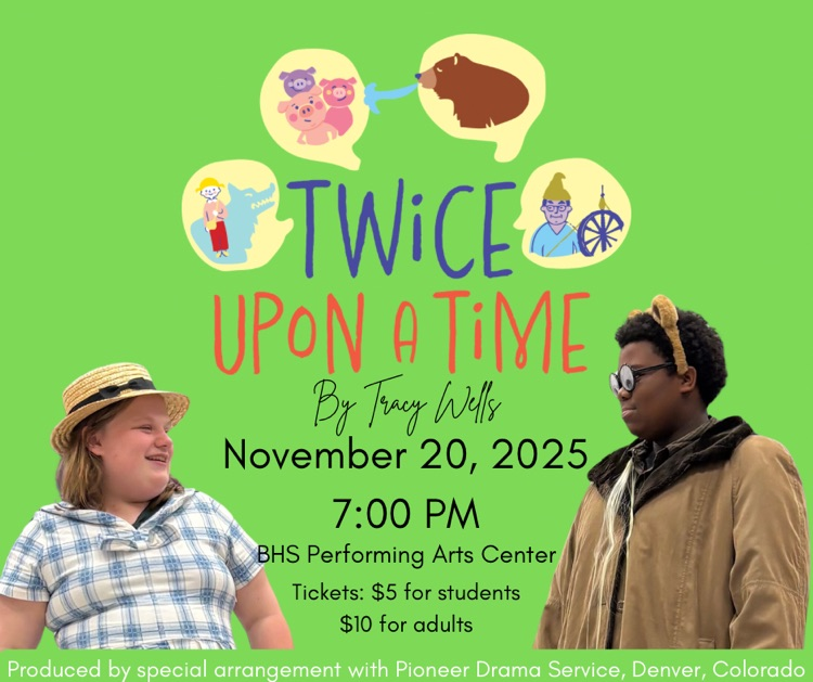 Promotional poster with a bright green background for the play “Twice Upon a Time” by Tracy Wells. At the top are cartoon bubbles showing fairytales. The title appears in playful red and blue lettering. Below it are event details listed in caption. 