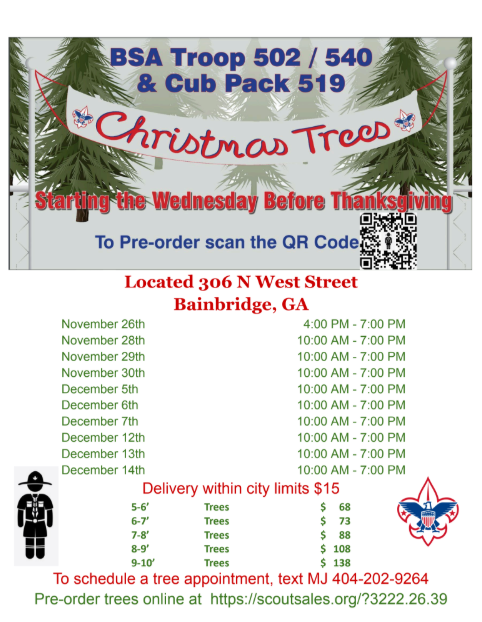 This image contains information about Boy Scouts selling Christmas Trees.