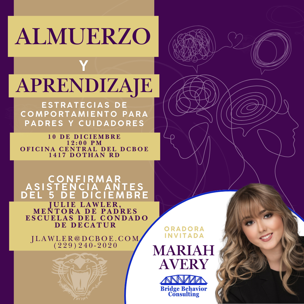 Flyer for a Lunch and Learn event on behavior strategies for parents and caregivers, featuring guest speaker Mariah Avery. Includes date December 10th at 12 PM at the DCBOE Central Office, RSVP details, and contact information for Julie Lawler. Design features purple and gold colors with an abstract brain illustration and a photo of the speaker.