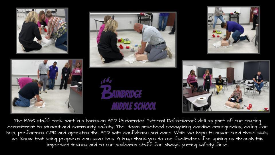 BMS Teachers and staff completing a hands on AED drill to ensure they were prepared if there were ever an emergency. 