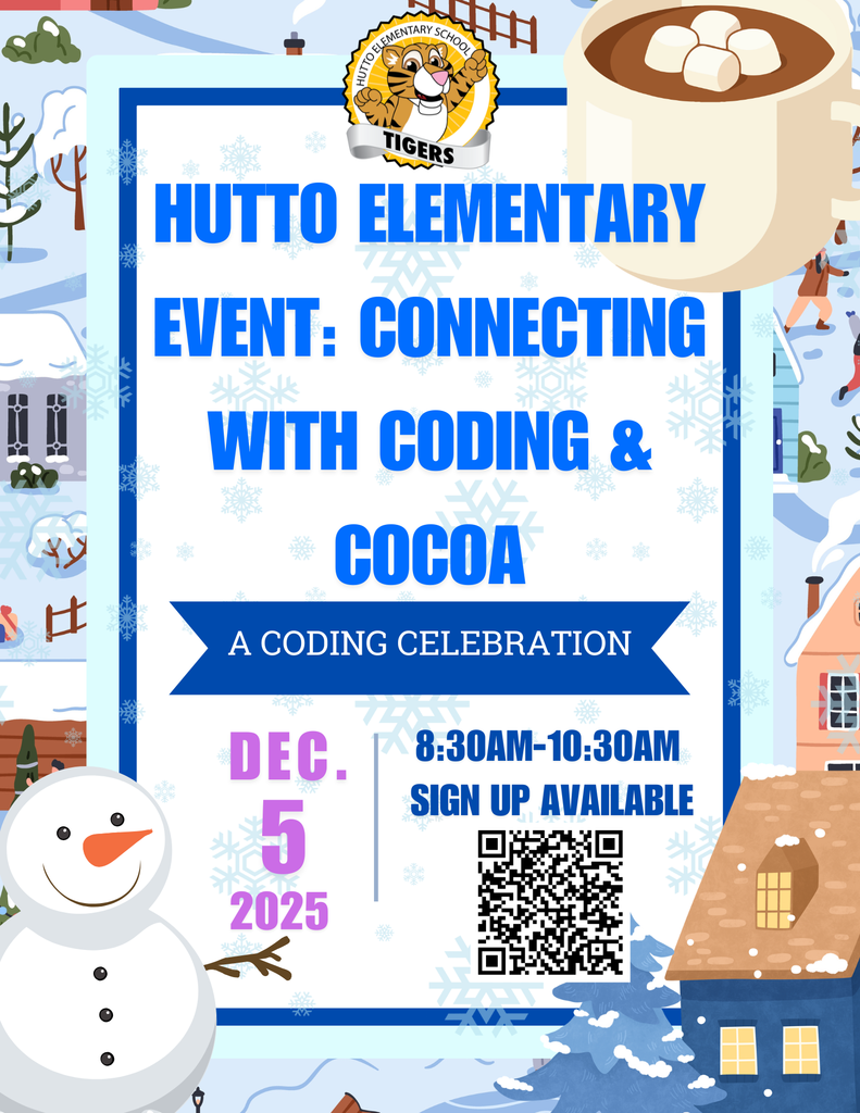 This image contains information about the Connecting with Coding and Cocoa event at Hutto elementary School.