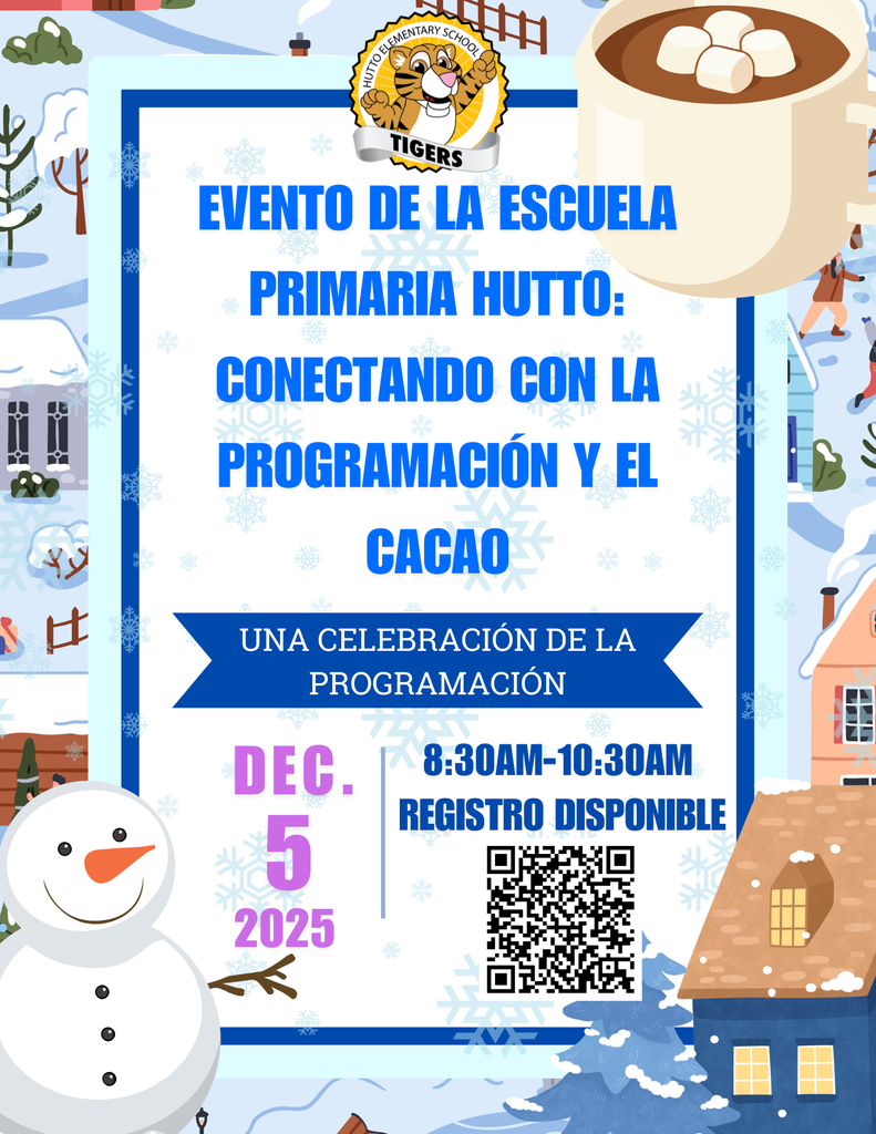 This image contains information about the Connecting with Coding and Cocoa event at Hutto elementary School.