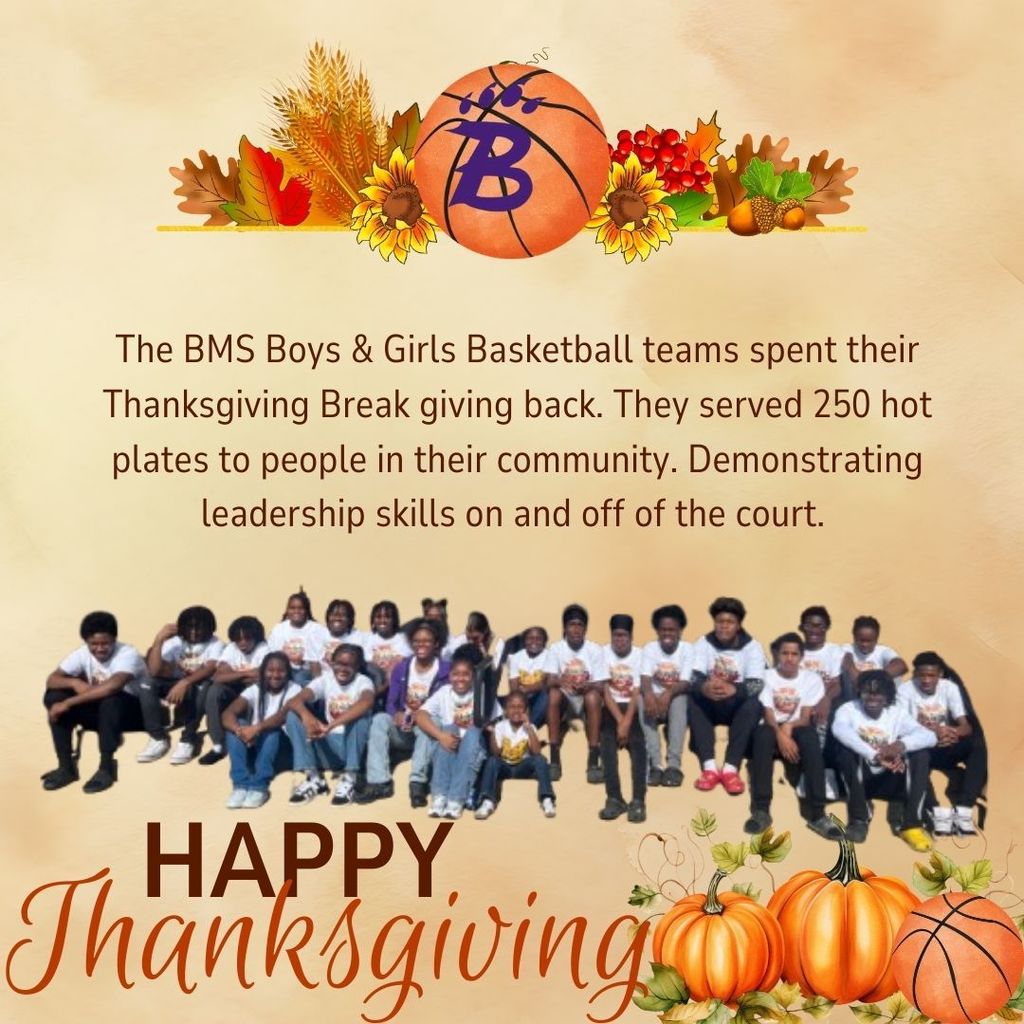 Boys and Girls from the BMS Basketball team pose after giving out 250 hot meals to the community.