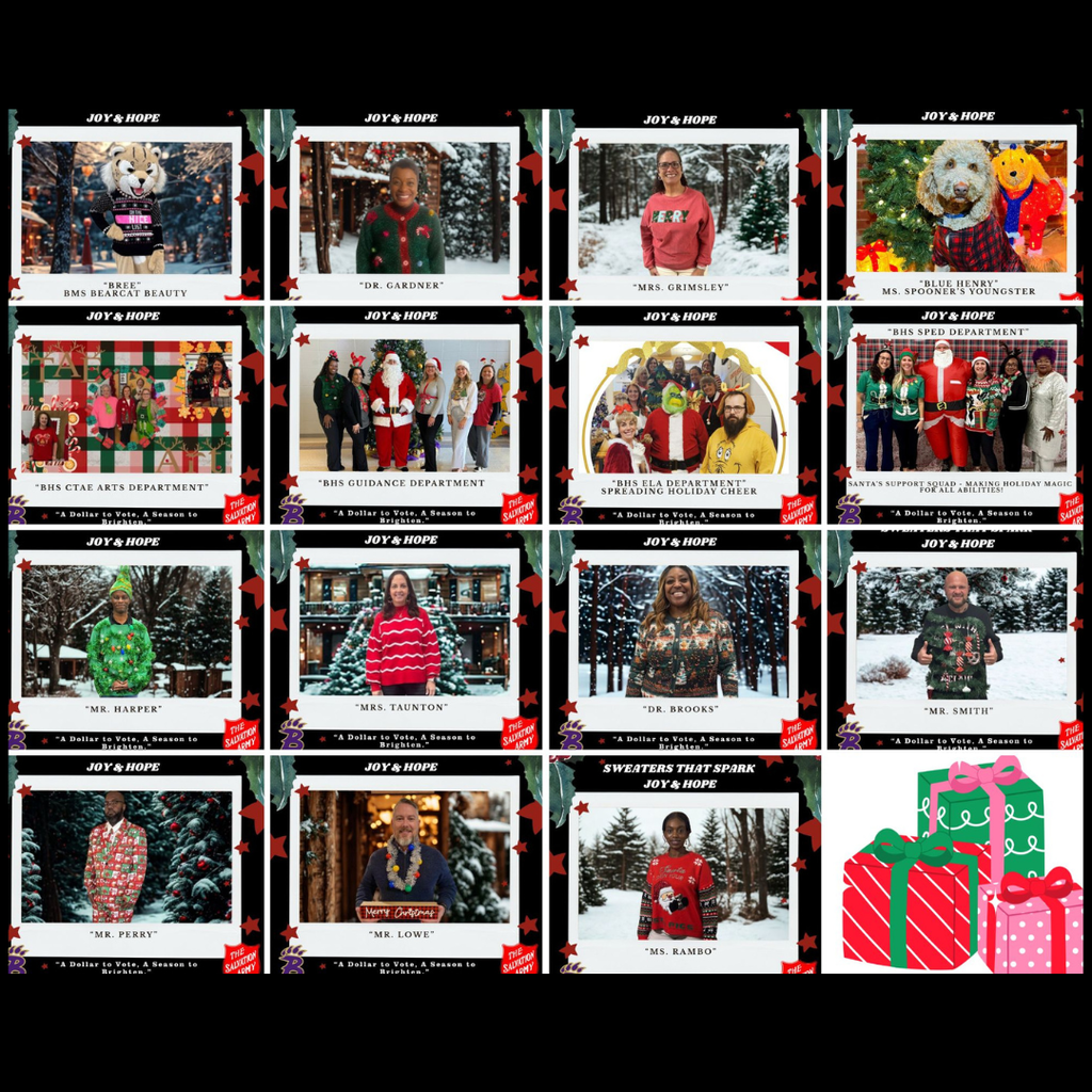 A collage of 15 holiday-themed photos featuring Decatur County Schools staff and departments wearing festive sweaters, along with the BMS Bearcat mascot and Blue Henry. Each photo is framed with “Joy & Hope” holiday graphics and labeled with the person or department’s name. In the bottom-right corner is an illustration of colorful wrapped presents.