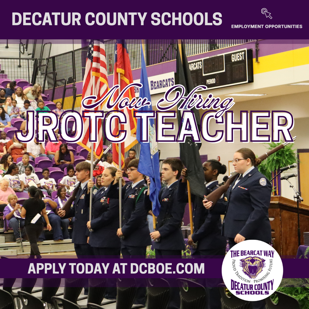 JROTC cadets in uniform carrying flags during a school ceremony with “Now Hiring JROTC Teacher” text displayed.