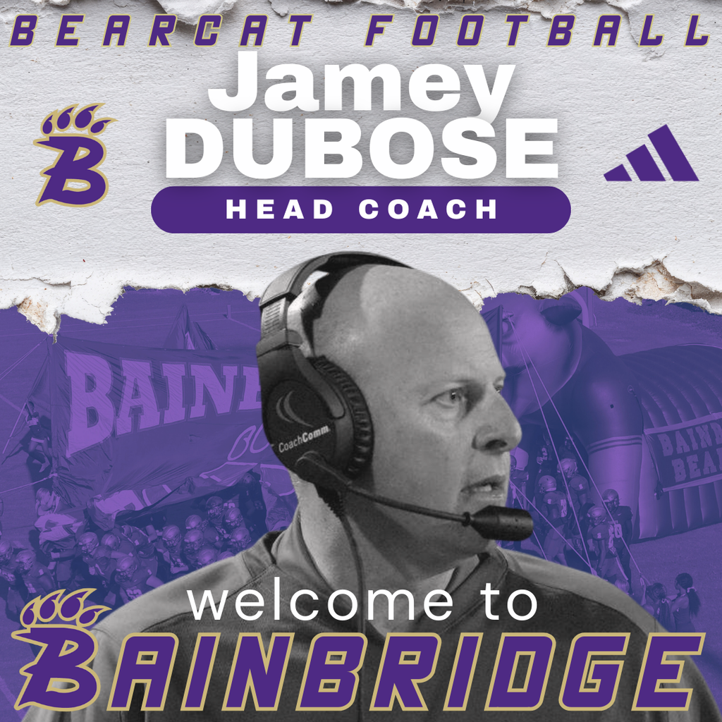 Graphic announcing Jamey DuBose as Bearcat Football Head Coach, welcoming him to Bainbridge, with purple and gold school branding.