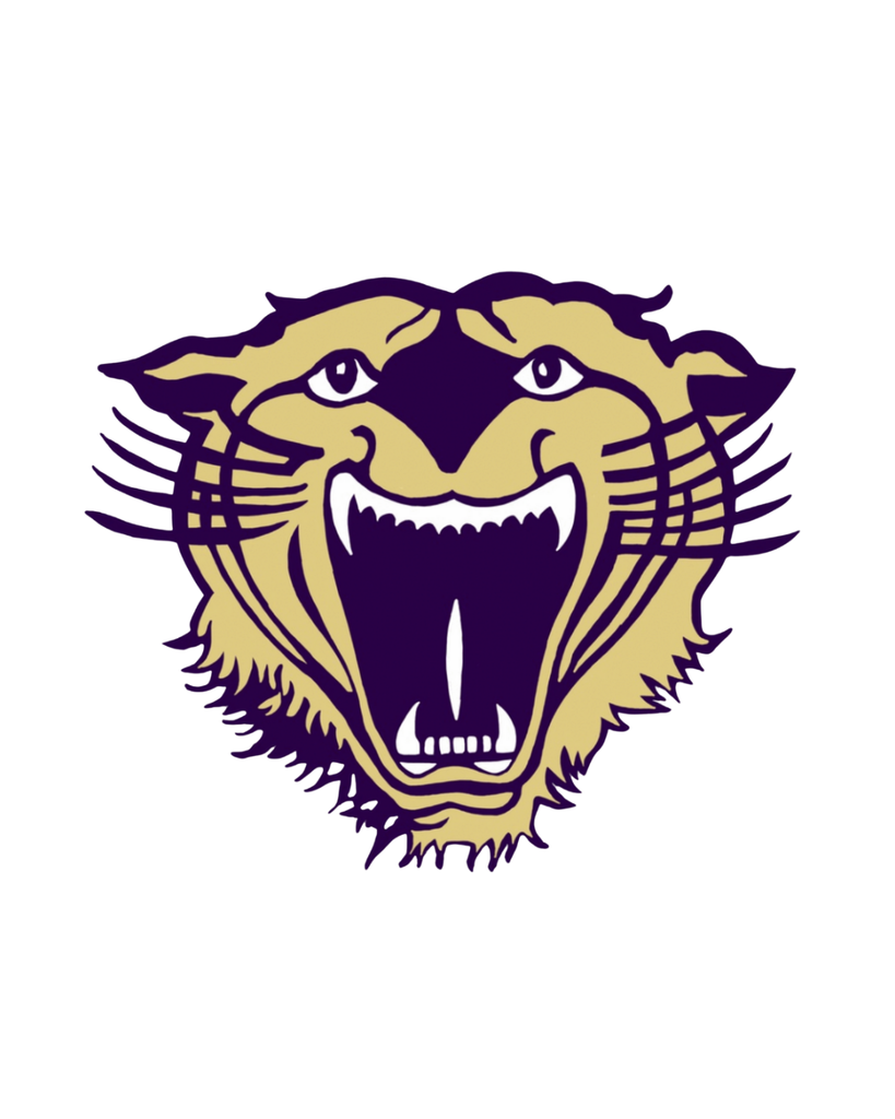 Purple and gold Bearcat head logo with mouth open and teeth visible.