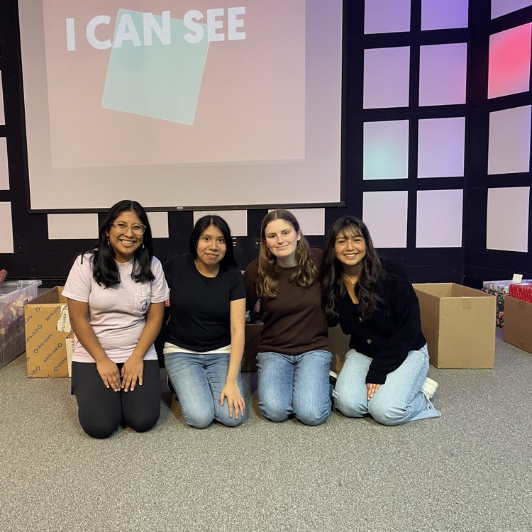 Anchor Club members Angelica DeJesus, Angie Dominguez, Anna Carnes, and Yuliana Avila-Hernandez delivered gifts at the Friendship House today. 