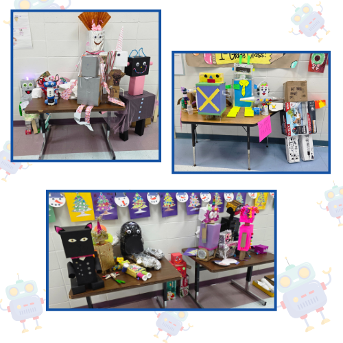 3 pictures of carboard robots created by first graders
