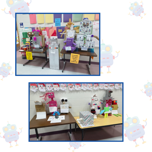 2 pictures of carboard robots created by first graders