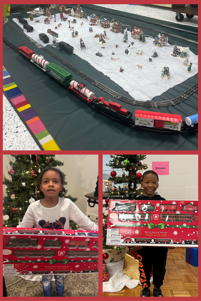 3 photos of model trains and students