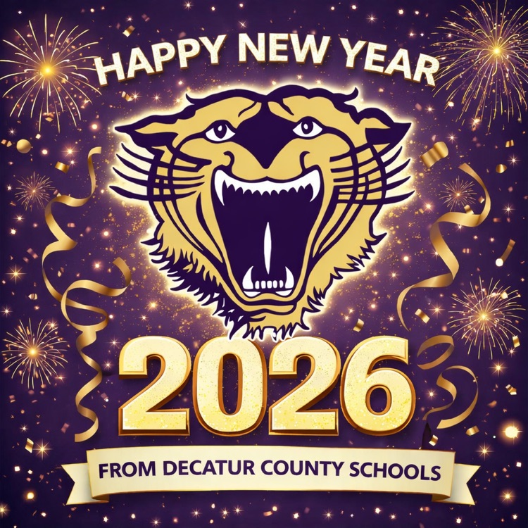 purple graphic with Bearcat logo and confetti that reads, happy new year from Decatur co schools 
