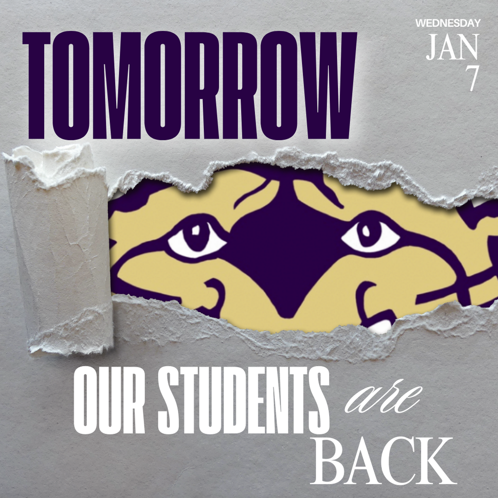 “Graphic announcing students return tomorrow, featuring a bearcat mascot peeking through torn paper with the date January 7.”