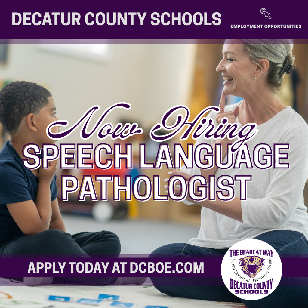 Decatur County Schools now hiring a speech-language pathologist, shown with a therapist working one-on-one with a student