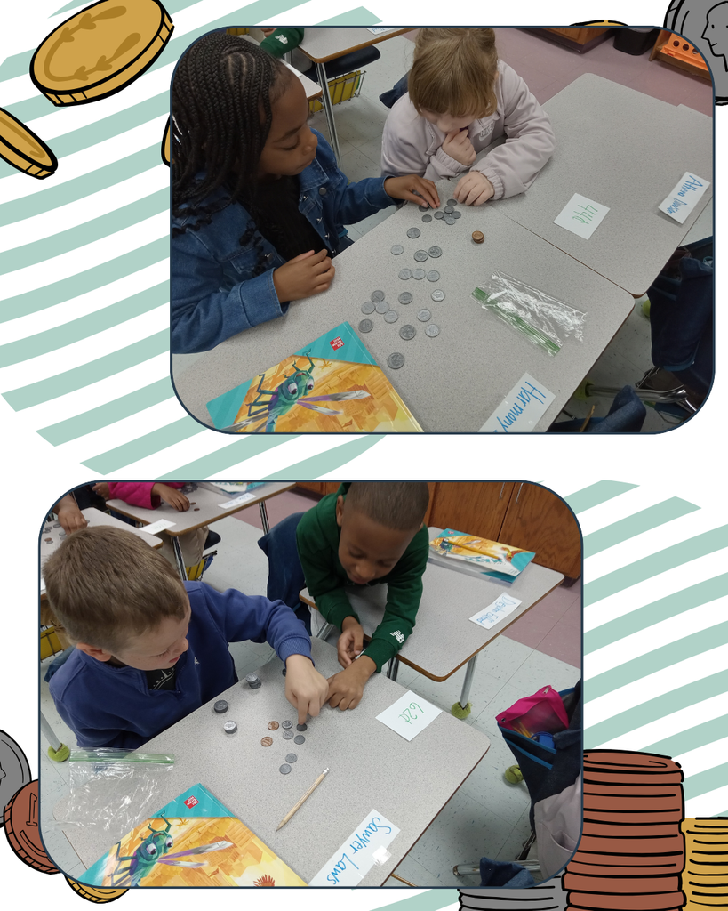 2 pictures of second graders counting coins