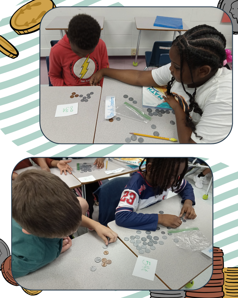 2 pictures of second graders counting coins