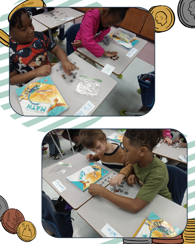2 pictures of second graders counting coins