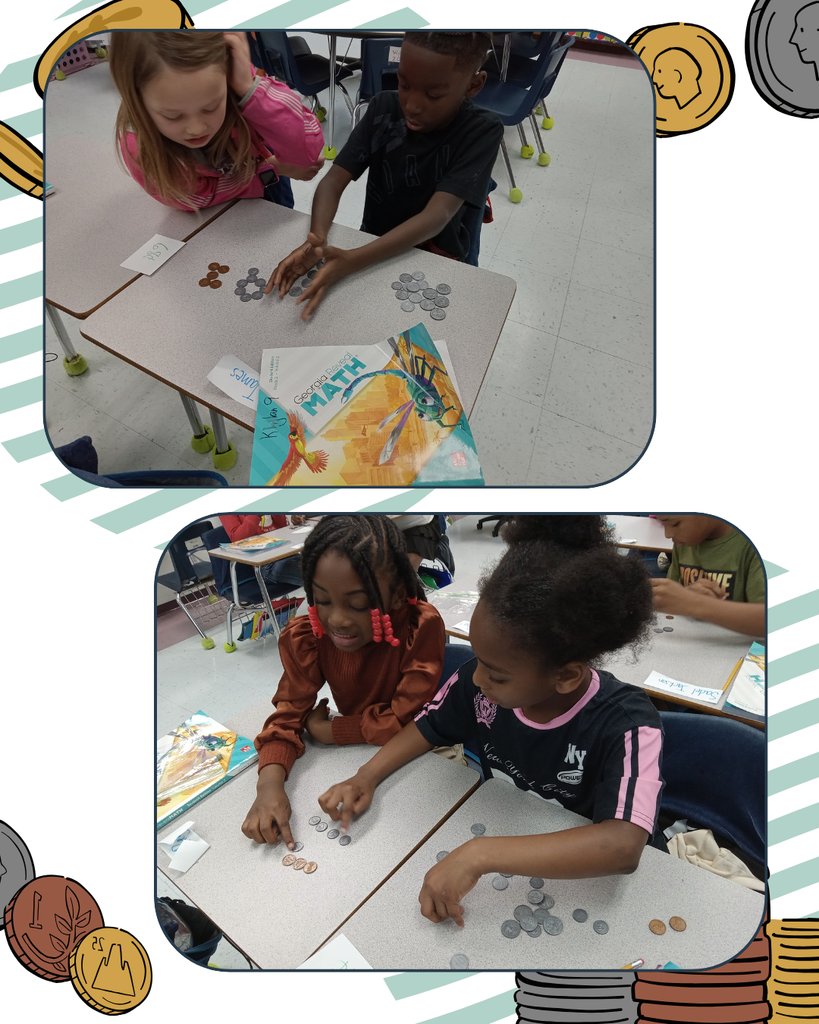 2 pictures of second graders counting coins