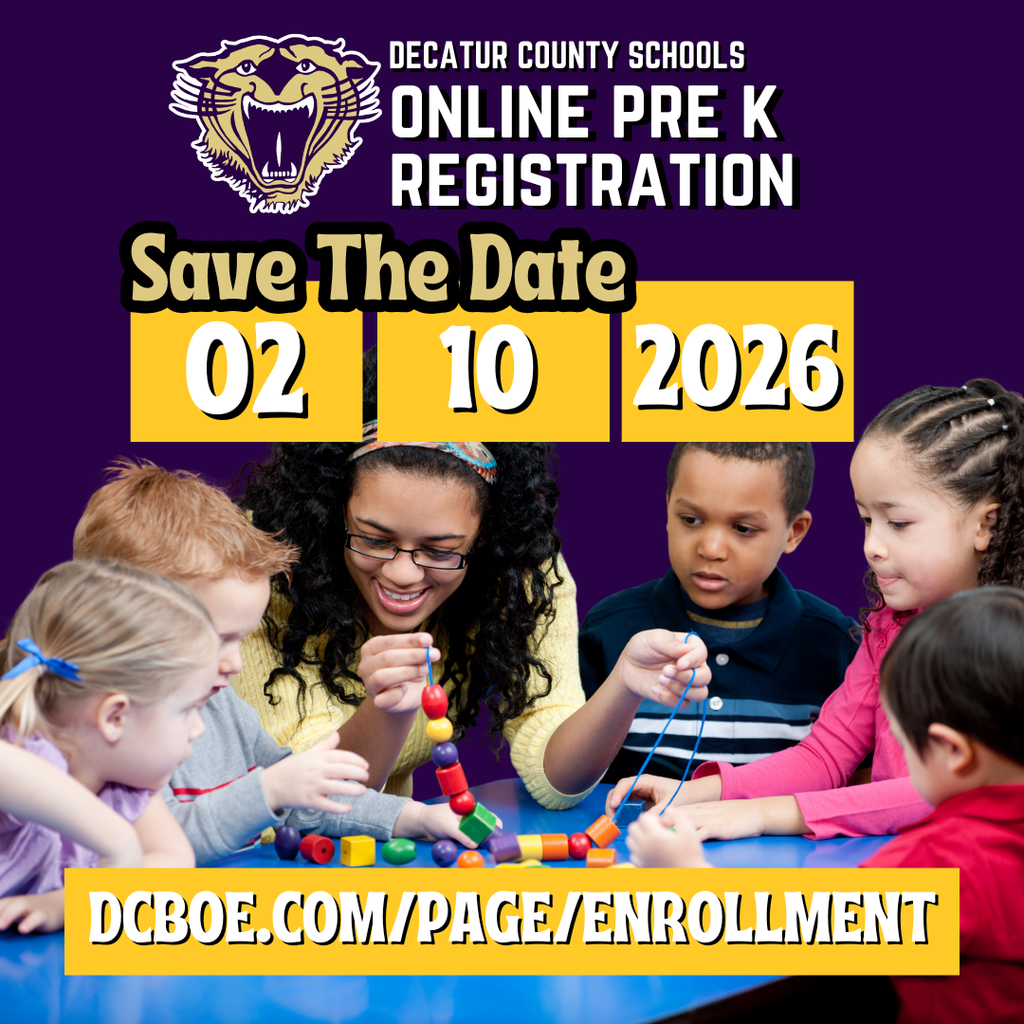 Decatur County Schools Online Pre-K Registration save-the-date graphic showing February 10, 2026, with a teacher and young children playing with colorful beads and a registration website link.