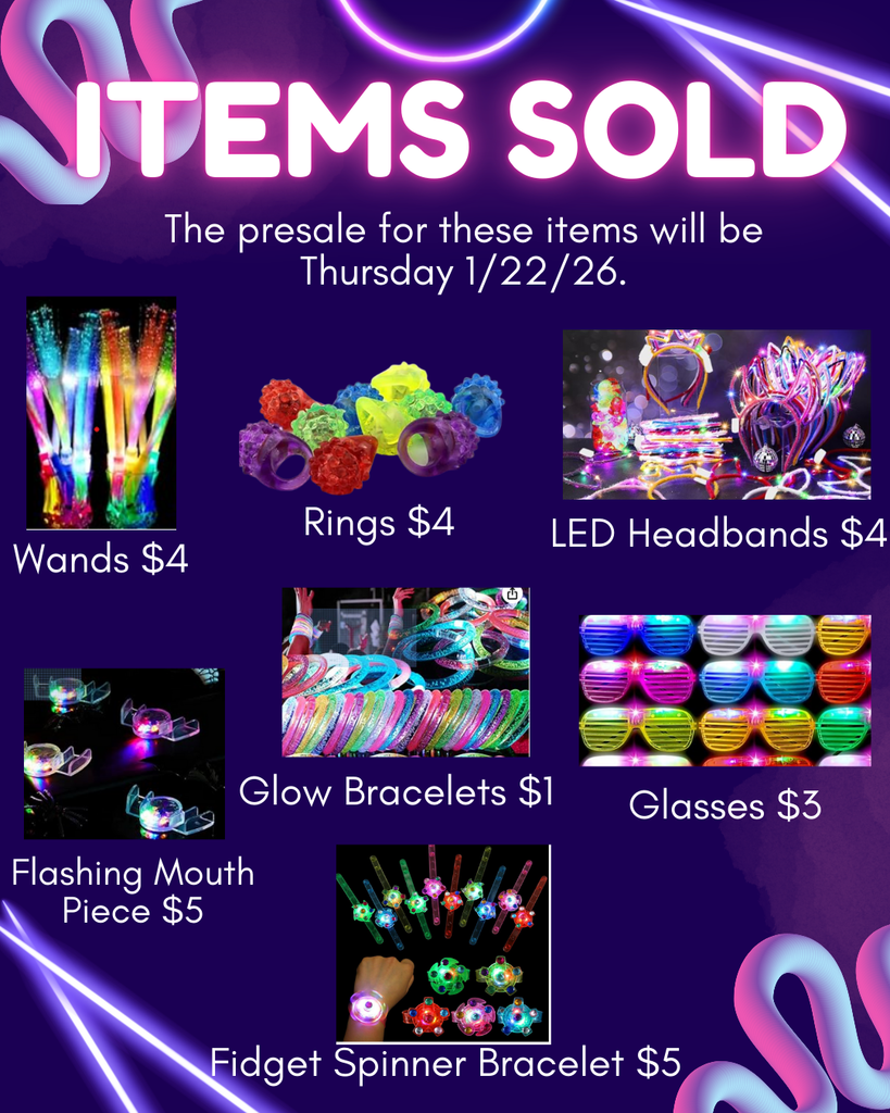 This image contains formation about the items sold at the glow party and the pricing.