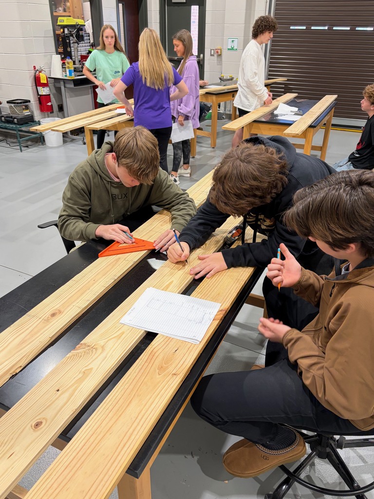 Students collaborating in order to read plans and mark cut places on a board.