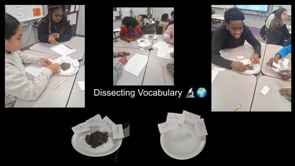 Students working together to dissect vocabulary using synonyms and antonyms of different landforms.