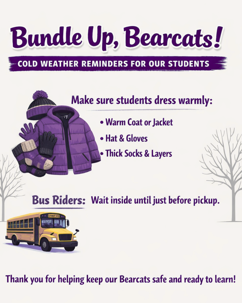 Graphic reminding families to bundle up for cold weather, showing winter clothing items and a school bus with tips for dressing warmly and waiting inside before bus pickup.