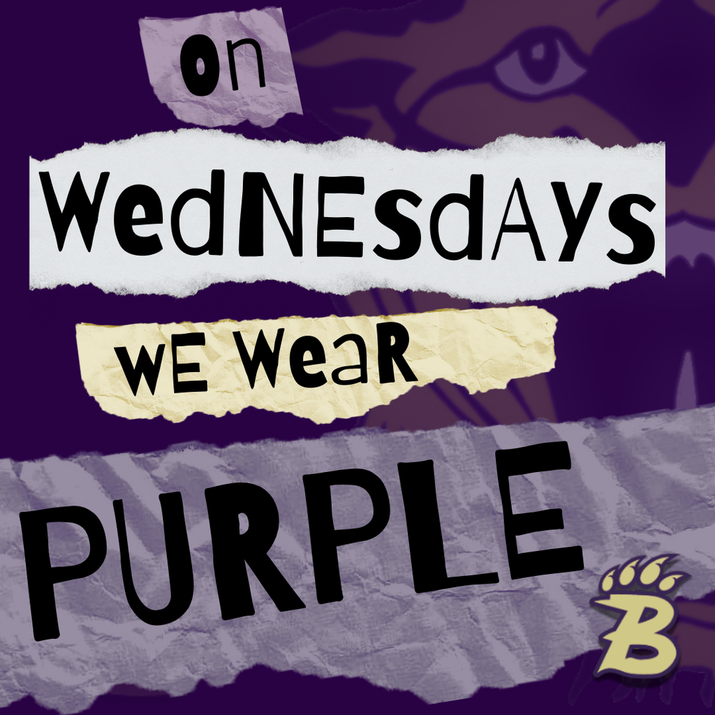 Graphic with torn-paper style text reading ‘On Wednesdays We Wear Purple’ on a purple background with a Bearcat eye and paw logo.